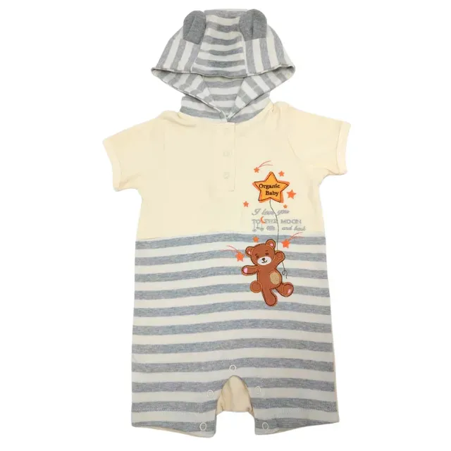 Trendy Valley Organic Cotton Baby Short Sleeve Romper With Hoodie Hat - Bear