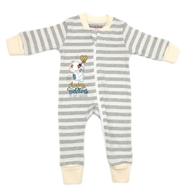 Trendy Valley Organic Cotton Baby Zip One Piece Sleep Bag With Hands and Feet Covered - Grey Stripe Bear