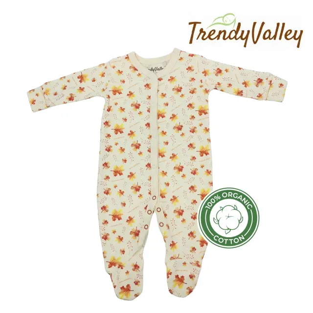 Trendy Valley Organic Cotton Long Sleeve Romper with hands and feet covered - Autumnal Foliage